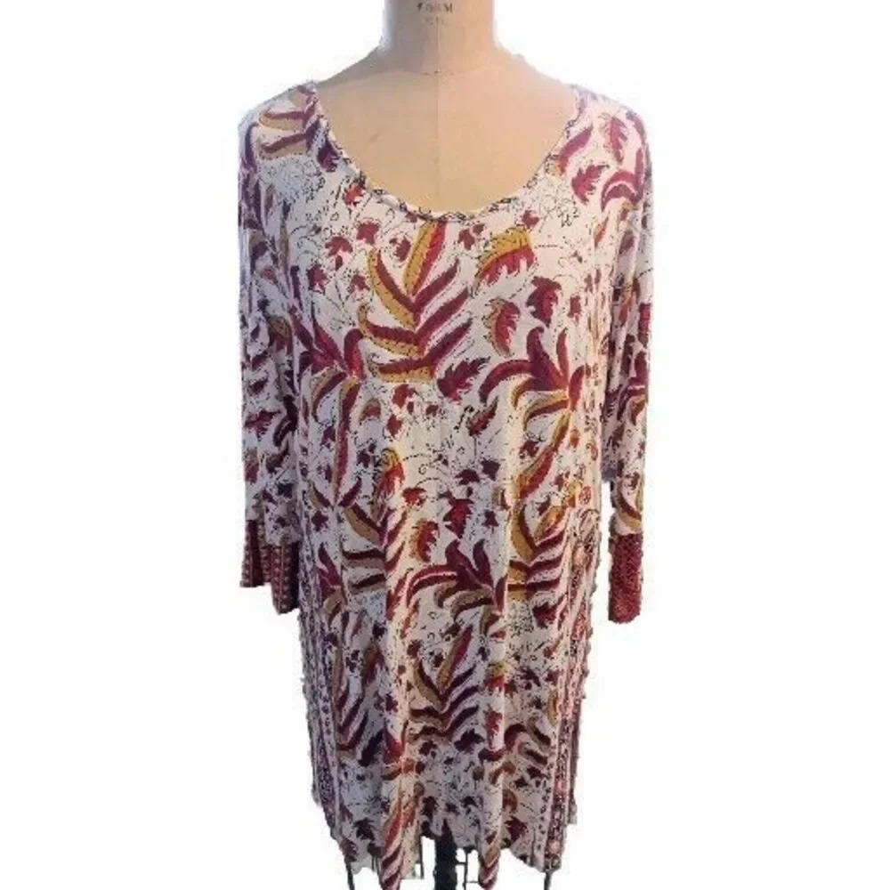 Soft Surroundings Womens Boho Fall Leaves Printed Tunic Crochet Sleeves Large
